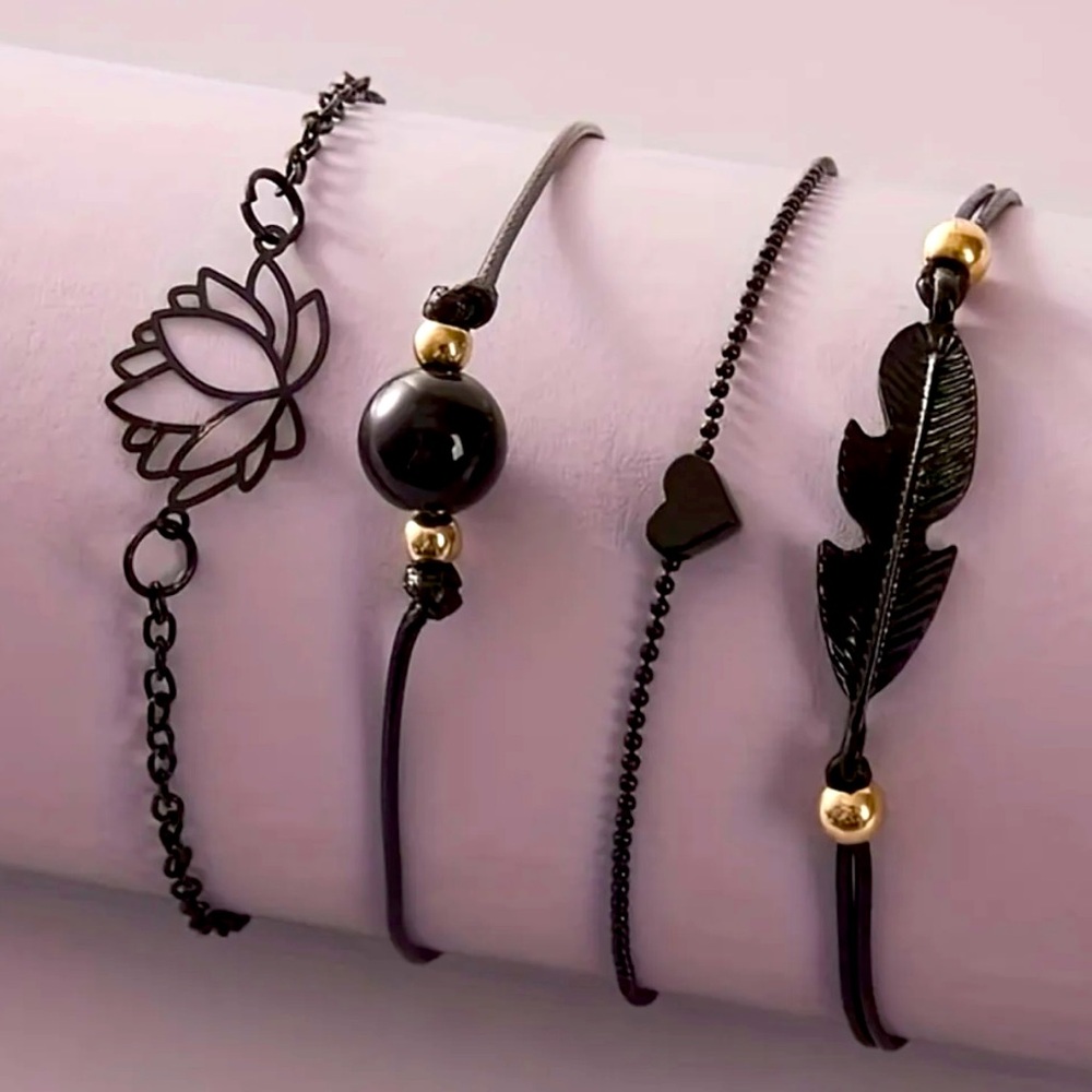 New - 4Pcs Lotus Feather Love Ankle Chain /Bracelet Set - Black